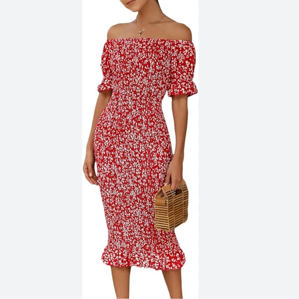 NEW SHEIN Large Red & White Puff Sleeve Dress